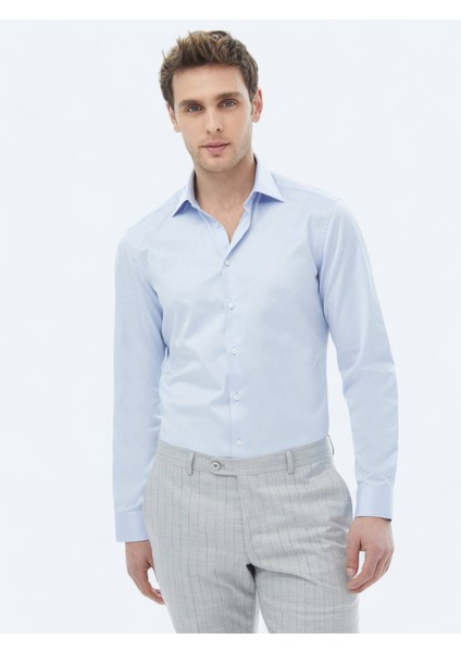 Mavi Düz Slim Fit Dokuma Klasik %100 Pamuk Gömlek