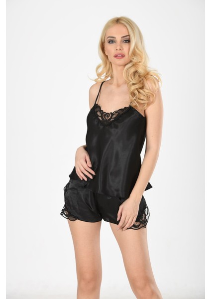 Siyah Saten Babydoll Şortlu Takım