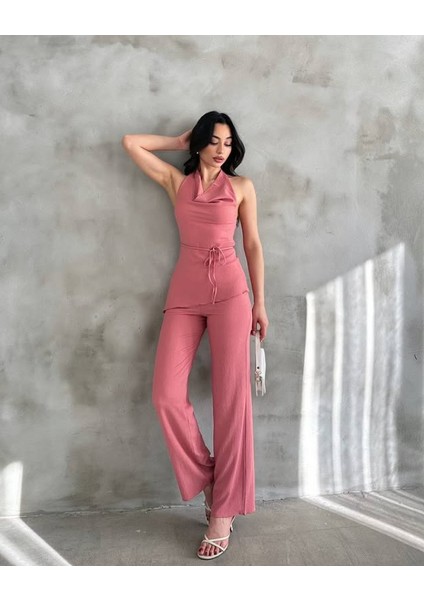 Kadın Gül Kurusu Degaje Yaka Bluz ve Pantolon Ikili Takım