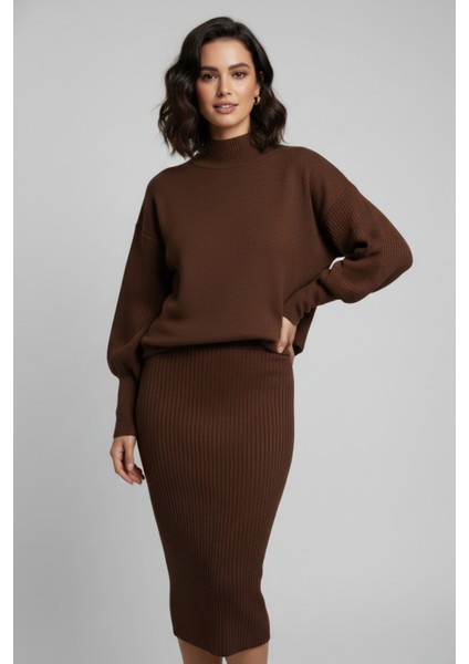 Triko Kahverengi Kazak ve Fitilli Elbise Ikili Takım