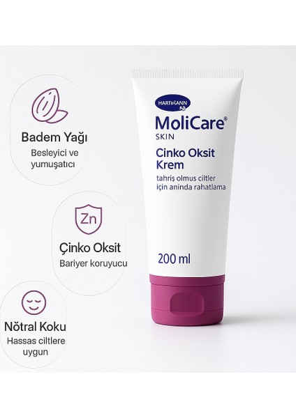 Molicare Çinko Oksitli Bariyer Krem 200 ml – Hassas ve Tahriş Olmuş Ciltler Için Koruyucu Bakım Krem modelleri