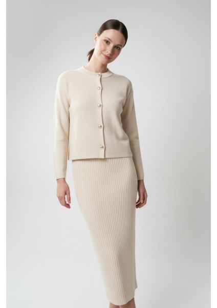 Kadın Hırka Elbise Ikili Takım - Krem