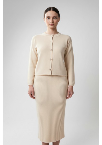 Kadın Hırka Elbise Ikili Takım - Krem modelleri