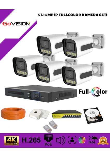 Go Vision 5'li Güvenlik Ip Kamera Seti - 5mp Kamera, 3.6mm Lens, H.265, Poe, Warm LED Gece Görüşlü
