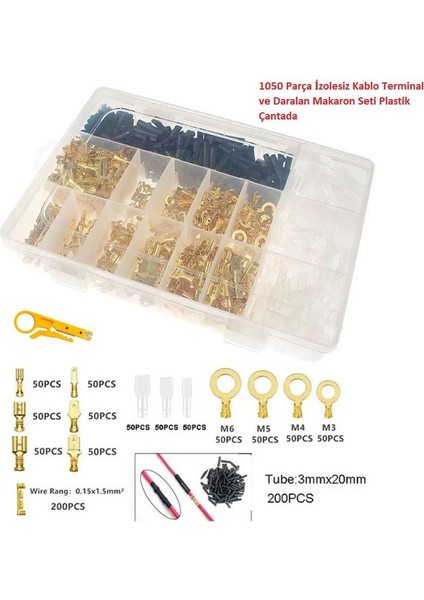 1050 Parça Izolesiz Kablo Terminal ve Daralan Makaron Seti Plastik Çantada