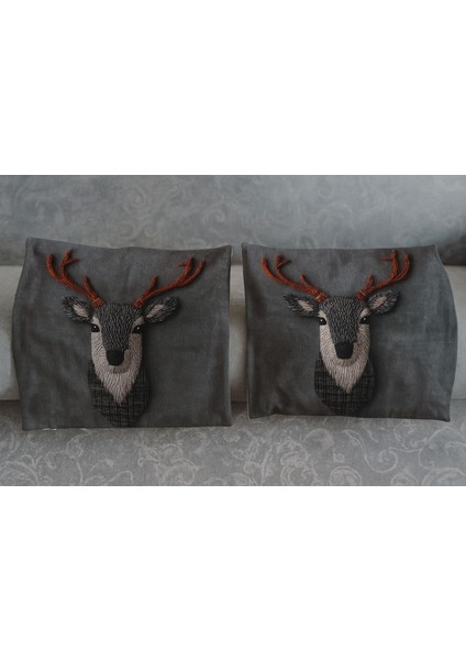 2'li Gri Geyik Yastık Kılıfları - Yeni Yıl Hediyeleri ( Kırlent Kılıfı ) fiyatları