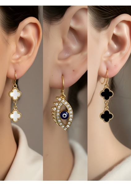 Siyah Yonca Beyaz Yonca Nazar Göz Sembol Figürlü 3’lü Kadın Küpe Set