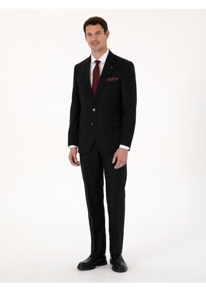 Erkek Siyah Slim Fit %100 Yün Mikro Desenli Takım Elbise 50316395-VR046