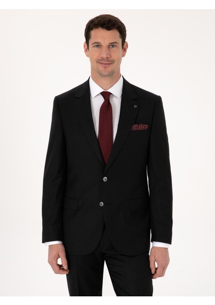 Erkek Siyah Slim Fit %100 Yün Mikro Desenli Takım Elbise 50316395-VR046