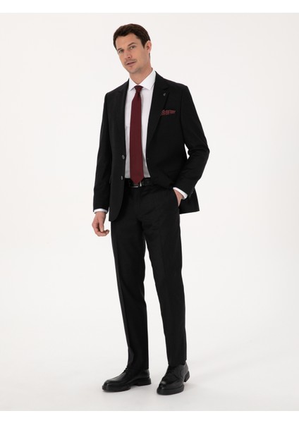 Erkek Siyah Slim Fit %100 Yün Mikro Desenli Takım Elbise 50316395-VR046