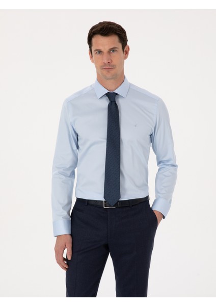 Erkek Açık Mavi Slim Fit %100 Pamuk Yarım İtalyan Yaka Klasik Gömlek 50318216-VR003