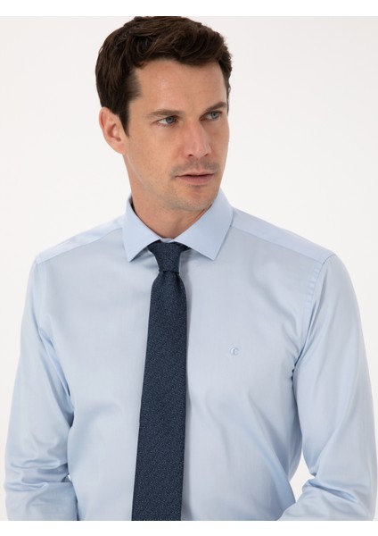 Erkek Açık Mavi Slim Fit %100 Pamuk Yarım İtalyan Yaka Klasik Gömlek 50318216-VR003