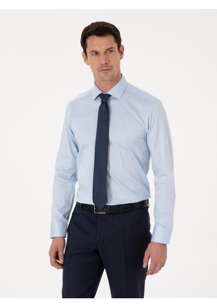 Erkek Açık Mavi Slim Fit %100 Pamuk Yarım İtalyan Yaka Klasik Gömlek 50318216-VR003
