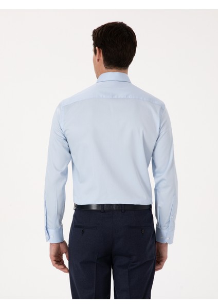 Erkek Açık Mavi Slim Fit %100 Pamuk Yarım İtalyan Yaka Klasik Gömlek 50318216-VR003