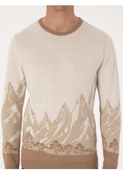 Erkek Ekru Slim Fit %100 Pamuk Bisiklet Yaka Desenli Triko Kazak 50310562-VR019