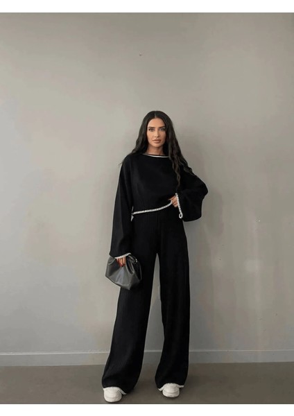 Çoban Detaylı Kadın Siyah Triko Takım