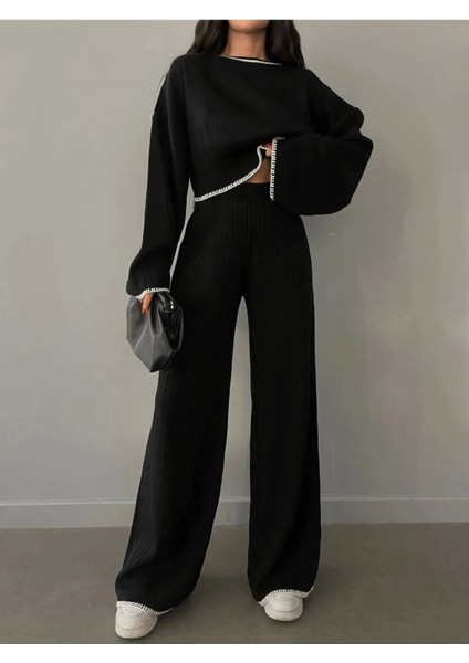 Çoban Detaylı Kadın Siyah Triko Takım modelleri