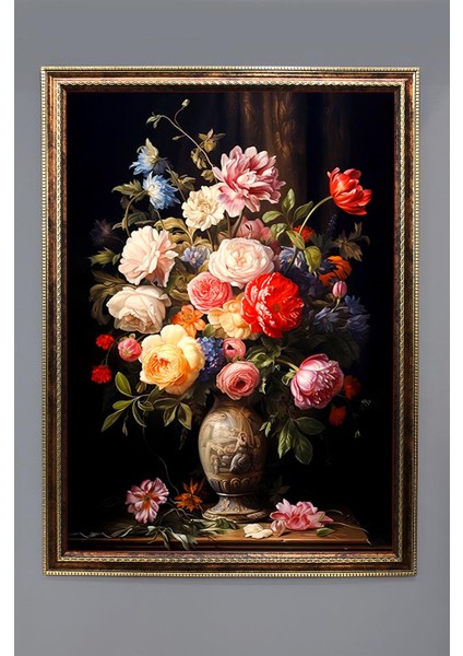 Vazoda Renkli Çiçekler Desenli Dijital Baskılı Kadife Kumaş Çerçeveli Tablo TBL0090