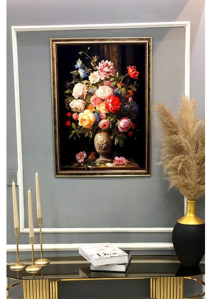 Vazoda Renkli Çiçekler Desenli Dijital Baskılı Kadife Kumaş Çerçeveli Tablo TBL0090 fiyatları