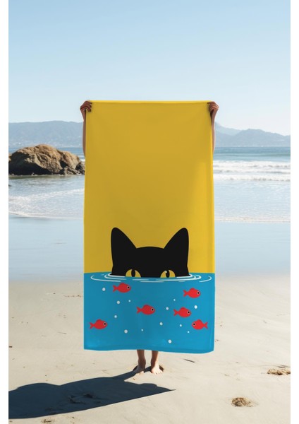Dijital Baskı Plaj Deniz Havlusu Kedi Desenli Peştamal HVL0033