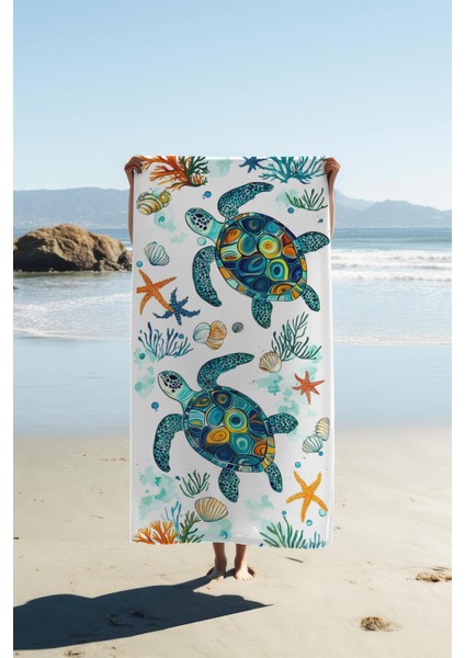 Dijital Baskı Plaj Deniz Havlusu Kaplumbağa Desenli Peştamal HVL0117