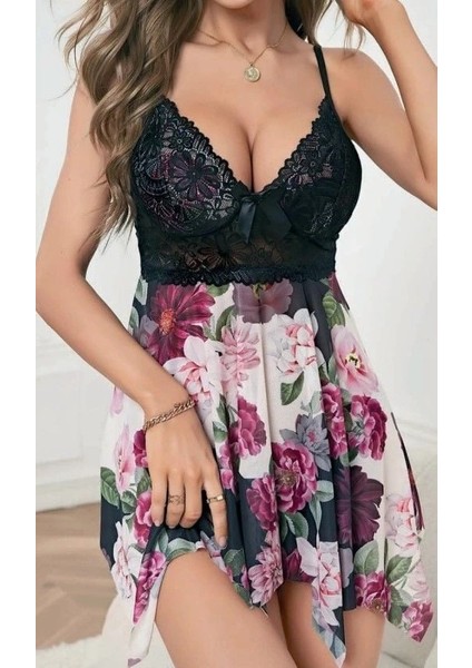 3692 Mini Çiçekli Dantel Detaylı Kadın Gecelik