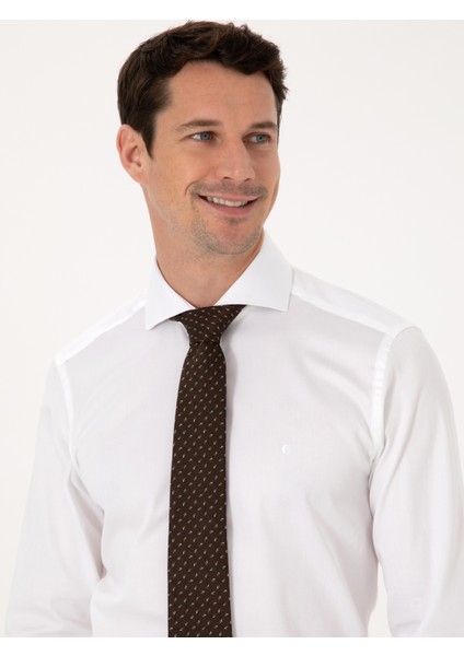 Erkek Beyaz Slim Fit %100 Pamuk Tam İtalyan Yaka Klasik Gömlek 50318221-VR013