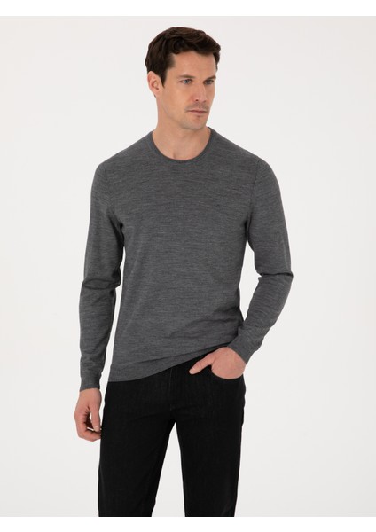 Erkek Füme Slim Fit Yün Karışımlı Bisiklet Yaka Basic Triko Kazak 50318854-VR058