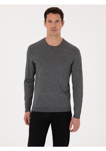 Erkek Füme Slim Fit Yün Karışımlı Bisiklet Yaka Basic Triko Kazak 50318854-VR058