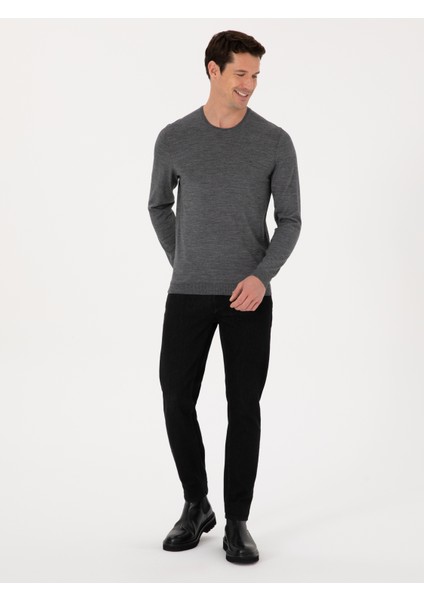 Erkek Füme Slim Fit Yün Karışımlı Bisiklet Yaka Basic Triko Kazak 50318854-VR058