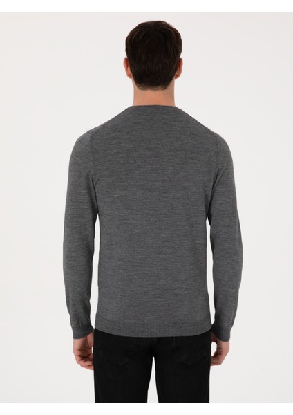 Erkek Füme Slim Fit Yün Karışımlı Bisiklet Yaka Basic Triko Kazak 50318854-VR058