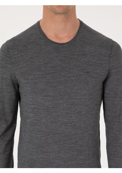 Erkek Füme Slim Fit Yün Karışımlı Bisiklet Yaka Basic Triko Kazak 50318854-VR058