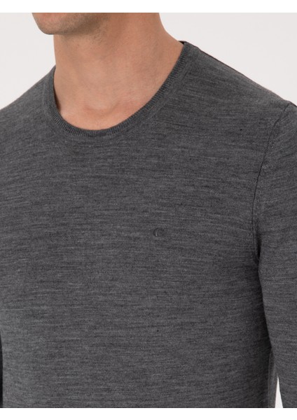 Erkek Füme Slim Fit Yün Karışımlı Bisiklet Yaka Basic Triko Kazak 50318854-VR058