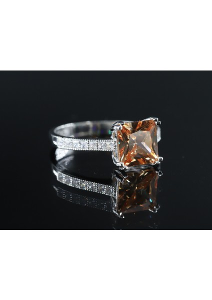 Kare Tektaş Kadın Yüzük, Turuncu Tektaş Gümüş Yüzük, Turuncu Tektaş Kadın Yüzük