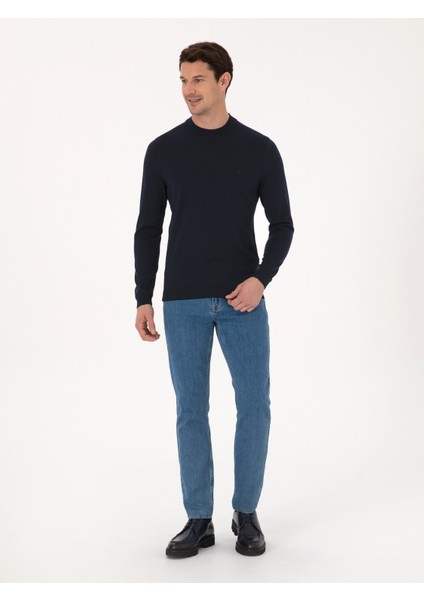 Erkek Lacivert Slim Fit Yün Karışımlı Çeyrek Balıkçı Yaka Basic Triko Kazak 50318891-VR033