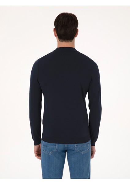 Erkek Lacivert Slim Fit Yün Karışımlı Çeyrek Balıkçı Yaka Basic Triko Kazak 50318891-VR033