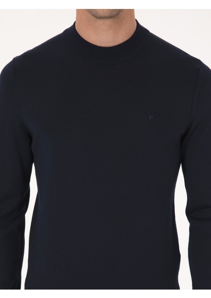 Erkek Lacivert Slim Fit Yün Karışımlı Çeyrek Balıkçı Yaka Basic Triko Kazak 50318891-VR033