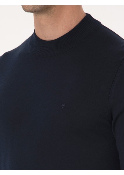 Erkek Lacivert Slim Fit Yün Karışımlı Çeyrek Balıkçı Yaka Basic Triko Kazak 50318891-VR033