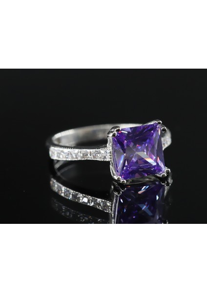 Kare Tektaş Kadın Yüzük, Mor Tektaş Gümüş Yüzük, Mor Tektaş Kadın Yüzük