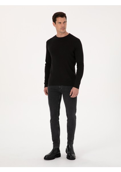 Erkek Siyah Slim Fit Pamuk Karışımlı Bisiklet Yaka Selanik Örgü Triko Kazak 50318976-VR046