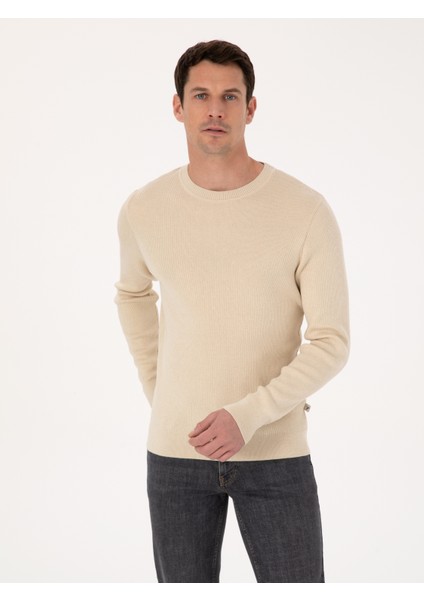 Erkek Bej Slim Fit Pamuk Karışımlı Bisiklet Yaka Selanik Örgü Triko Kazak 50318976-VR011