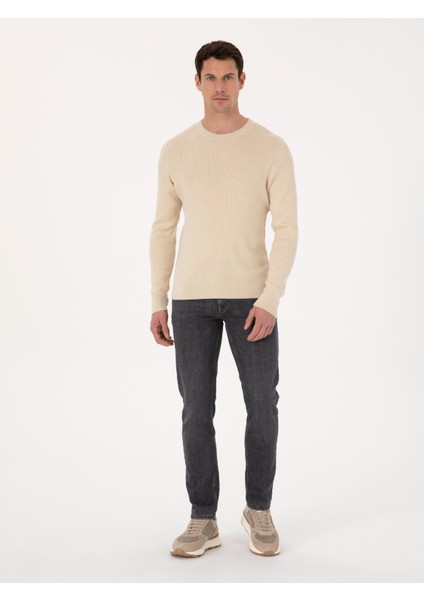 Erkek Bej Slim Fit Pamuk Karışımlı Bisiklet Yaka Selanik Örgü Triko Kazak 50318976-VR011