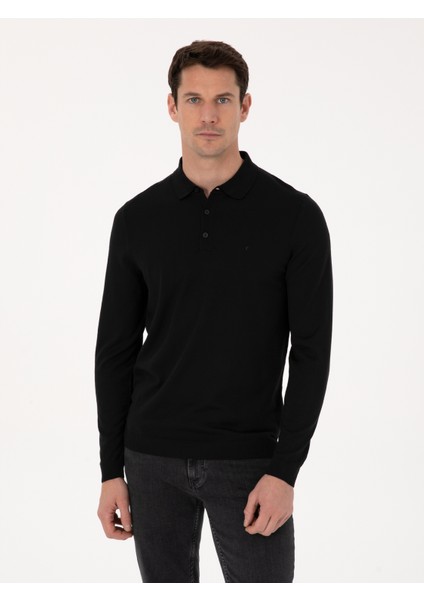 Erkek Siyah Regular Fit Yün Karışımlı Polo Yaka Basic Triko Kazak 50318855-VR046
