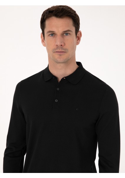 Erkek Siyah Regular Fit Yün Karışımlı Polo Yaka Basic Triko Kazak 50318855-VR046