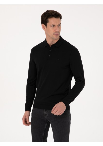 Erkek Siyah Regular Fit Yün Karışımlı Polo Yaka Basic Triko Kazak 50318855-VR046