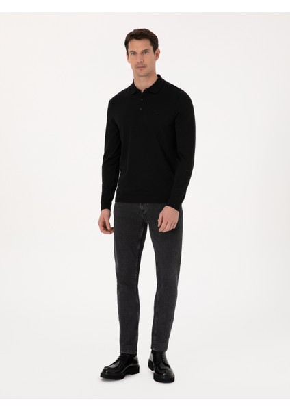 Erkek Siyah Regular Fit Yün Karışımlı Polo Yaka Basic Triko Kazak 50318855-VR046