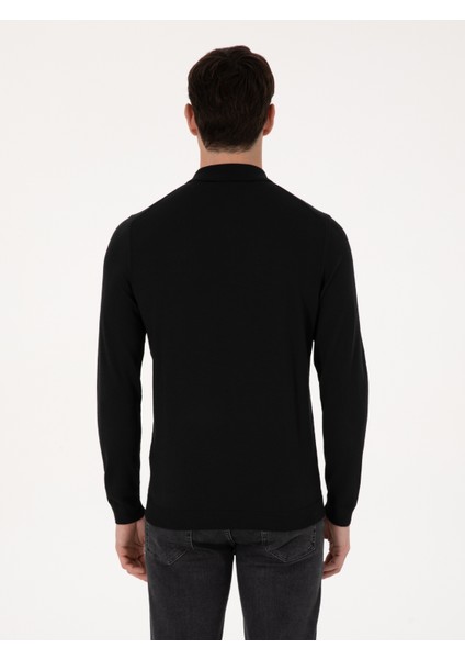 Erkek Siyah Regular Fit Yün Karışımlı Polo Yaka Basic Triko Kazak 50318855-VR046