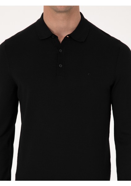 Erkek Siyah Regular Fit Yün Karışımlı Polo Yaka Basic Triko Kazak 50318855-VR046