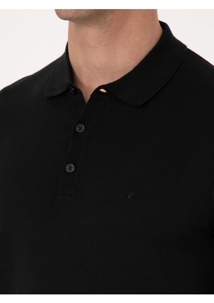 Erkek Siyah Regular Fit Yün Karışımlı Polo Yaka Basic Triko Kazak 50318855-VR046