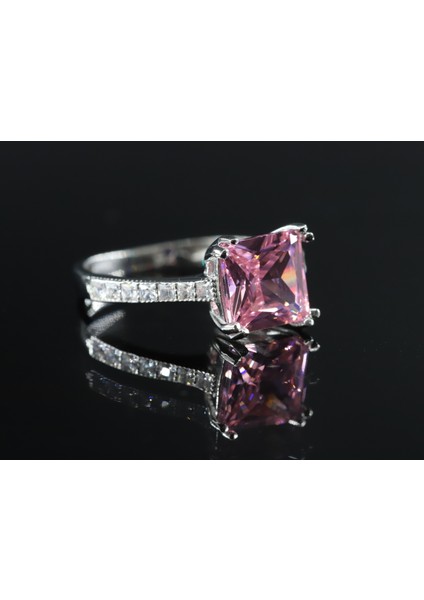 Kare Tektaş Kadın Yüzük, Pembe Tektaş Gümüş Yüzük, Pembe Tektaş Kadın Yüzük